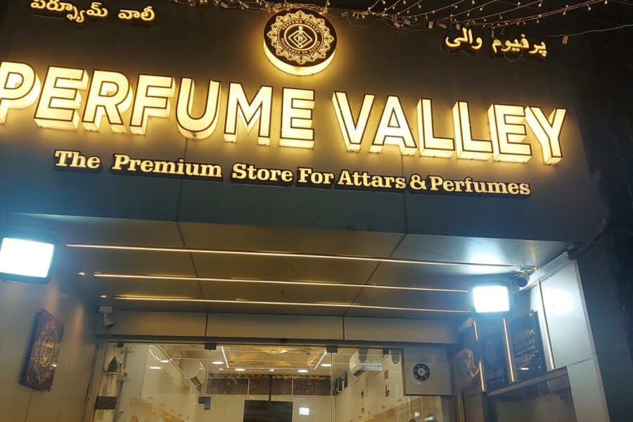 Perfume Valley Shaikpet storefront signage on Shaikpet Road, Hyderabad