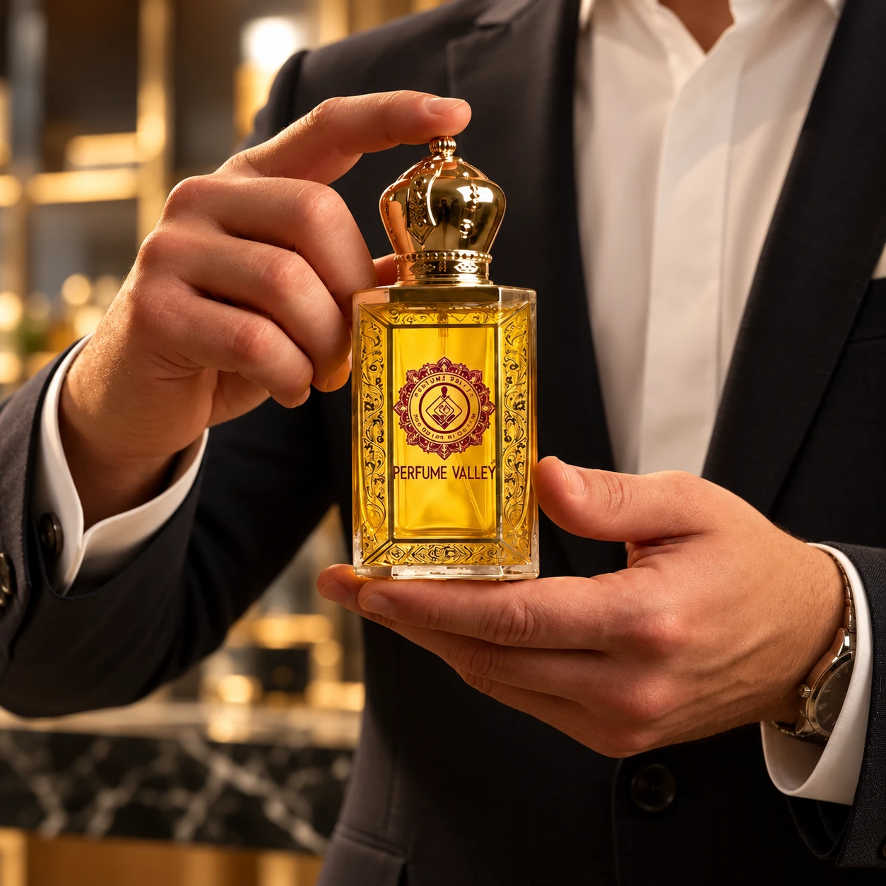 A gold Perfume Valley bottle held in both hands